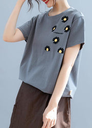 Modern o neck clothes For Women design gray daisy print shirt - bagstylebliss