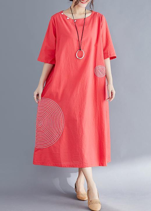 Modern o neck embroidery cotton tunic top Vintage Work Outfits red Maxi Dresses Summer - bagstylebliss