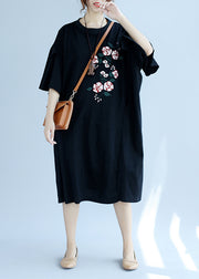 Modern o neck embroidery linen clothes Fashion Online Shopping black long Dresses Summer