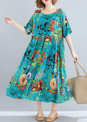 Modern o neck exra large hem linen cotton summer Robes Runway blue print Dresses - bagstylebliss