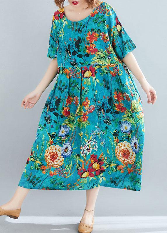 Modern o neck exra large hem linen cotton summer Robes Runway blue print Dresses - bagstylebliss