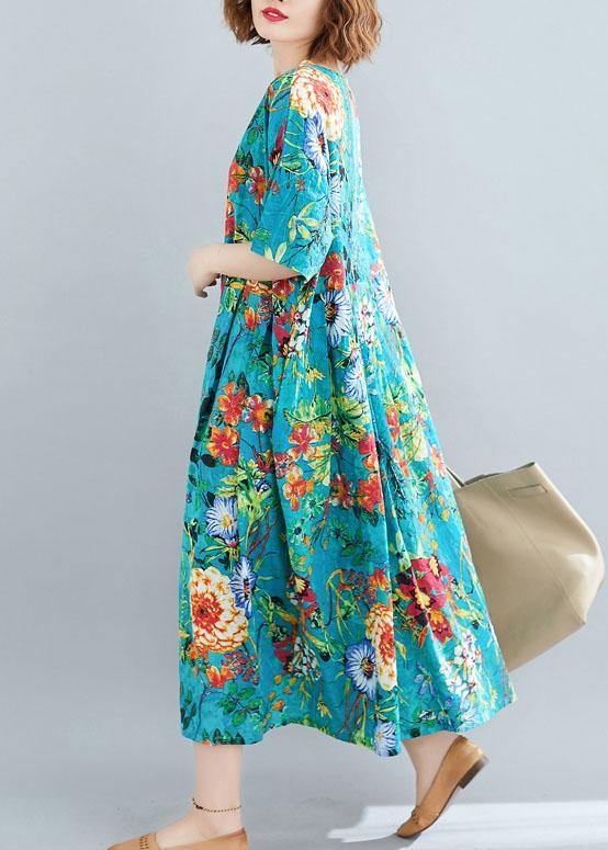 Modern o neck exra large hem linen cotton summer Robes Runway blue print Dresses - bagstylebliss