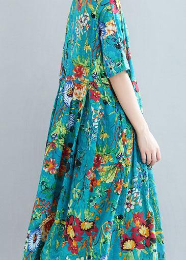 Modern o neck exra large hem linen cotton summer Robes Runway blue print Dresses - bagstylebliss