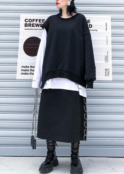 Modern o neck false two pieces cotton clothes pattern black tops - bagstylebliss