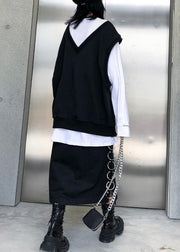 Modern o neck false two pieces cotton clothes pattern black tops - bagstylebliss