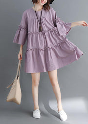 Modern o neck flare sleeve Cinched Cotton Women Photography purple Dress summer - bagstylebliss