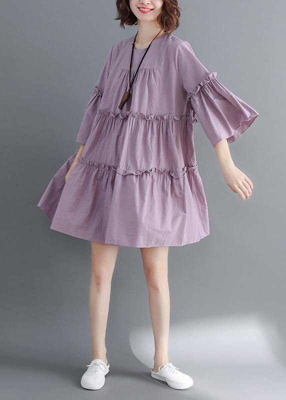 Modern o neck flare sleeve Cinched Cotton Women Photography purple Dress summer - bagstylebliss