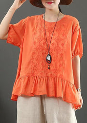 Modern o neck linen clothes Work Outfits orange embroidery top - bagstylebliss