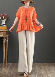 Modern o neck linen clothes Work Outfits orange embroidery top - bagstylebliss