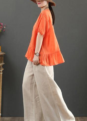 Modern o neck linen clothes Work Outfits orange embroidery top - bagstylebliss