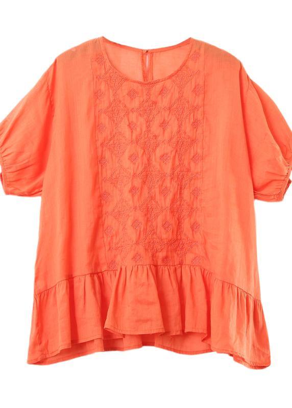 Modern o neck linen clothes Work Outfits orange embroidery top - bagstylebliss