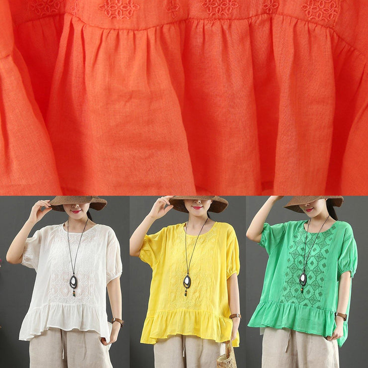 Modern o neck linen clothes Work Outfits orange embroidery top - bagstylebliss