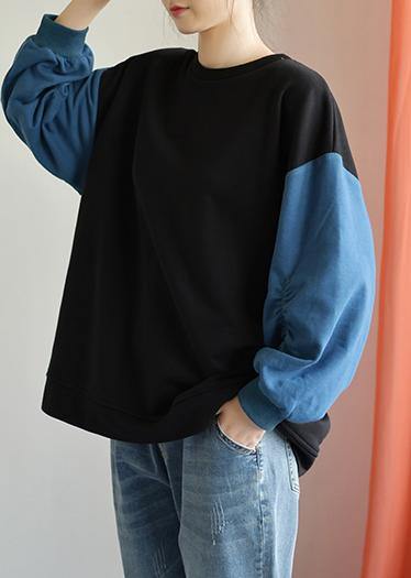 Modern o neck long sleeve cotton Shirts black patchwork blue blouse fall - bagstylebliss