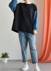 Modern o neck long sleeve cotton Shirts black patchwork blue blouse fall - bagstylebliss