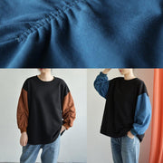 Modern o neck long sleeve cotton Shirts black patchwork blue blouse fall - bagstylebliss