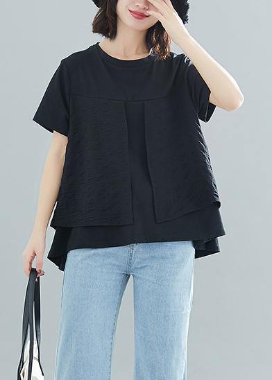 Modern o neck patchwork cotton clothes For Women Vintage design black loose blouses Summer - bagstylebliss