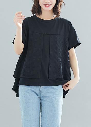 Modern o neck patchwork cotton clothes For Women Vintage design black loose blouses Summer - bagstylebliss