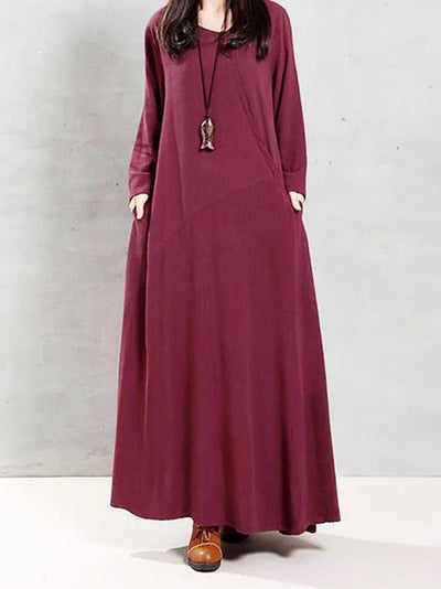 Modern o neck patchwork linen cotton spring Robes Runway burgundy Dress - bagstylebliss