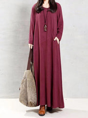 Modern o neck patchwork linen cotton spring Robes Runway burgundy Dress - bagstylebliss