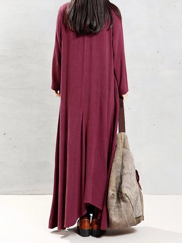 Modern o neck patchwork linen cotton spring Robes Runway burgundy Dress - bagstylebliss