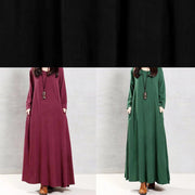 Modern o neck patchwork linen cotton spring Robes Runway burgundy Dress - bagstylebliss