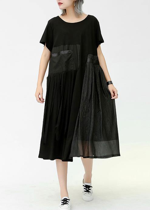 Modern o neck patchwork pockets cotton dresses black Dresses summer - bagstylebliss