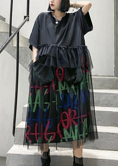 Modern o neck patchwork tulle cotton summer Tunics Inspiration black Maxi Dress - bagstylebliss