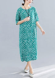 Modern o neck pockets linen cotton clothes Runway green print Dress summer - bagstylebliss