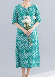 Modern o neck pockets linen cotton clothes Runway green print Dress summer - bagstylebliss