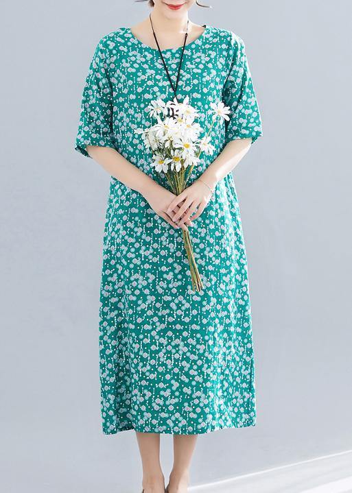 Modern o neck pockets linen cotton clothes Runway green print Dress summer - bagstylebliss