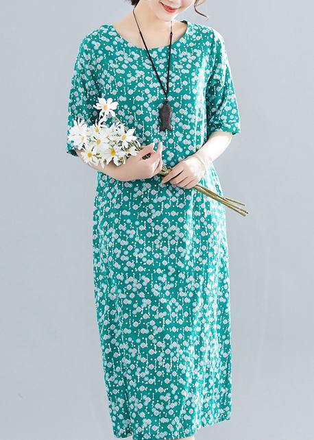 Modern o neck pockets linen cotton clothes Runway green print Dress summer - bagstylebliss