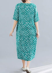 Modern o neck pockets linen cotton clothes Runway green print Dress summer - bagstylebliss