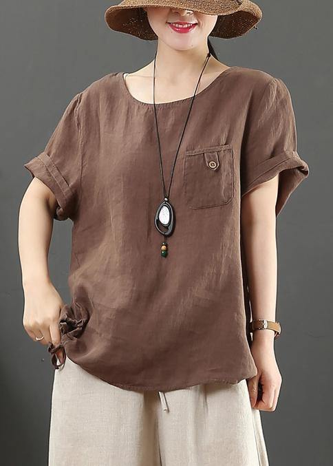 Modern o neck pockets linen summer clothes Fashion chocolate blouse - bagstylebliss