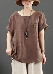 Modern o neck pockets linen summer clothes Fashion chocolate blouse - bagstylebliss