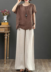 Modern o neck pockets linen summer clothes Fashion chocolate blouse - bagstylebliss