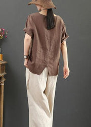 Modern o neck pockets linen summer clothes Fashion chocolate blouse - bagstylebliss