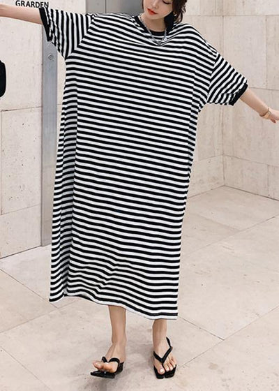 Modern o neck side open design black striped loose Dresses - bagstylebliss