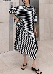 Modern o neck side open design black striped loose Dresses - bagstylebliss