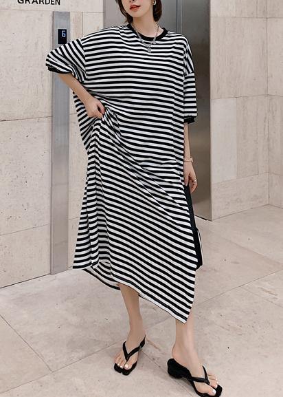 Modern o neck side open design black striped loose Dresses - bagstylebliss