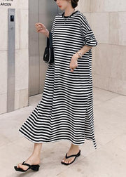 Modern o neck side open design black striped loose Dresses - bagstylebliss