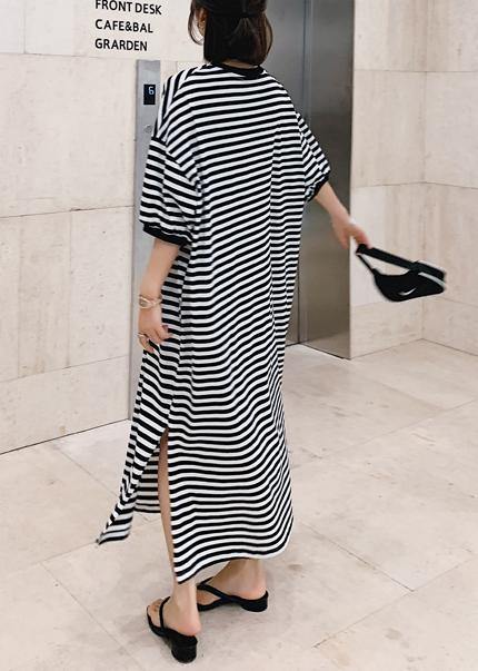 Modern o neck side open design black striped loose Dresses - bagstylebliss