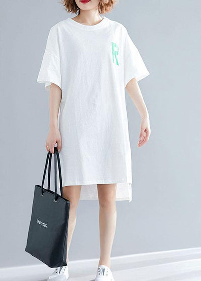 Modern o neck side open linen Runway white print Dresses summer - bagstylebliss