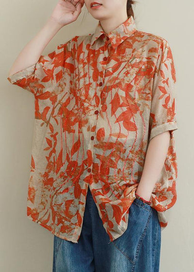 Modern orange Leaf print Shirts lapel Diamond silhouette shirt - bagstylebliss