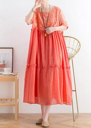 Modern orange cotton Tunic organza patchwork o neck long summer Dresses - bagstylebliss