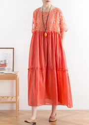 Modern orange cotton Tunic organza patchwork o neck long summer Dresses - bagstylebliss