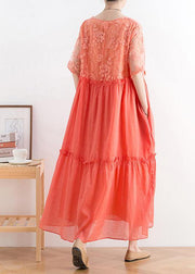 Modern orange cotton Tunic organza patchwork o neck long summer Dresses - bagstylebliss