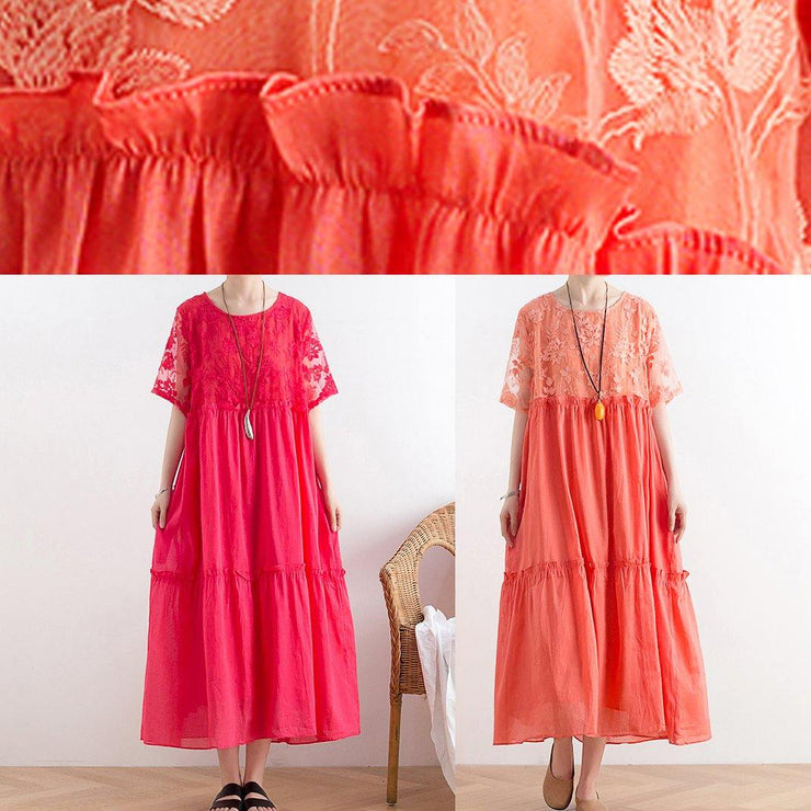 Modern orange cotton Tunic organza patchwork o neck long summer Dresses - bagstylebliss