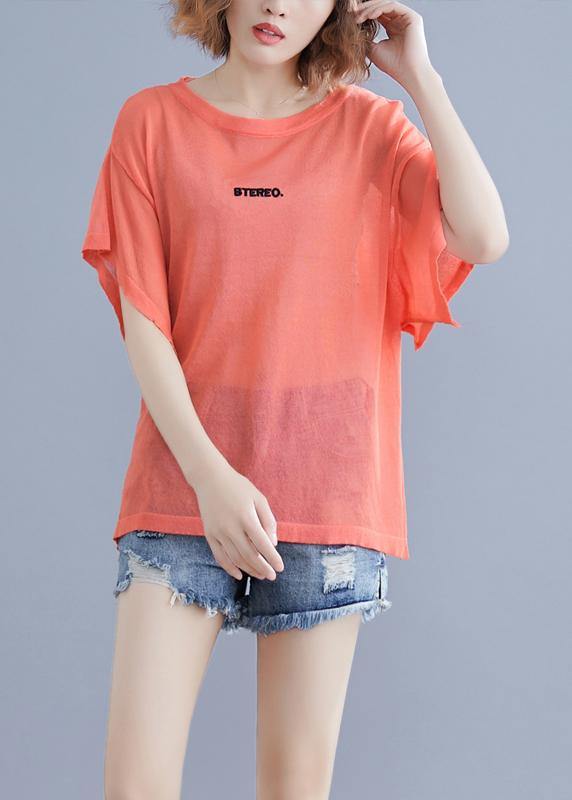 Modern orange cotton clothes For Women alphabet embroidery baggy summer blouse - bagstylebliss