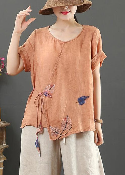 Modern orange print linen Blouse o neck short sleeve loose shirt - bagstylebliss