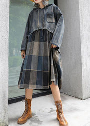 Modern patchwork linen cotton clothes For Women hooded Robe fall Dress - bagstylebliss